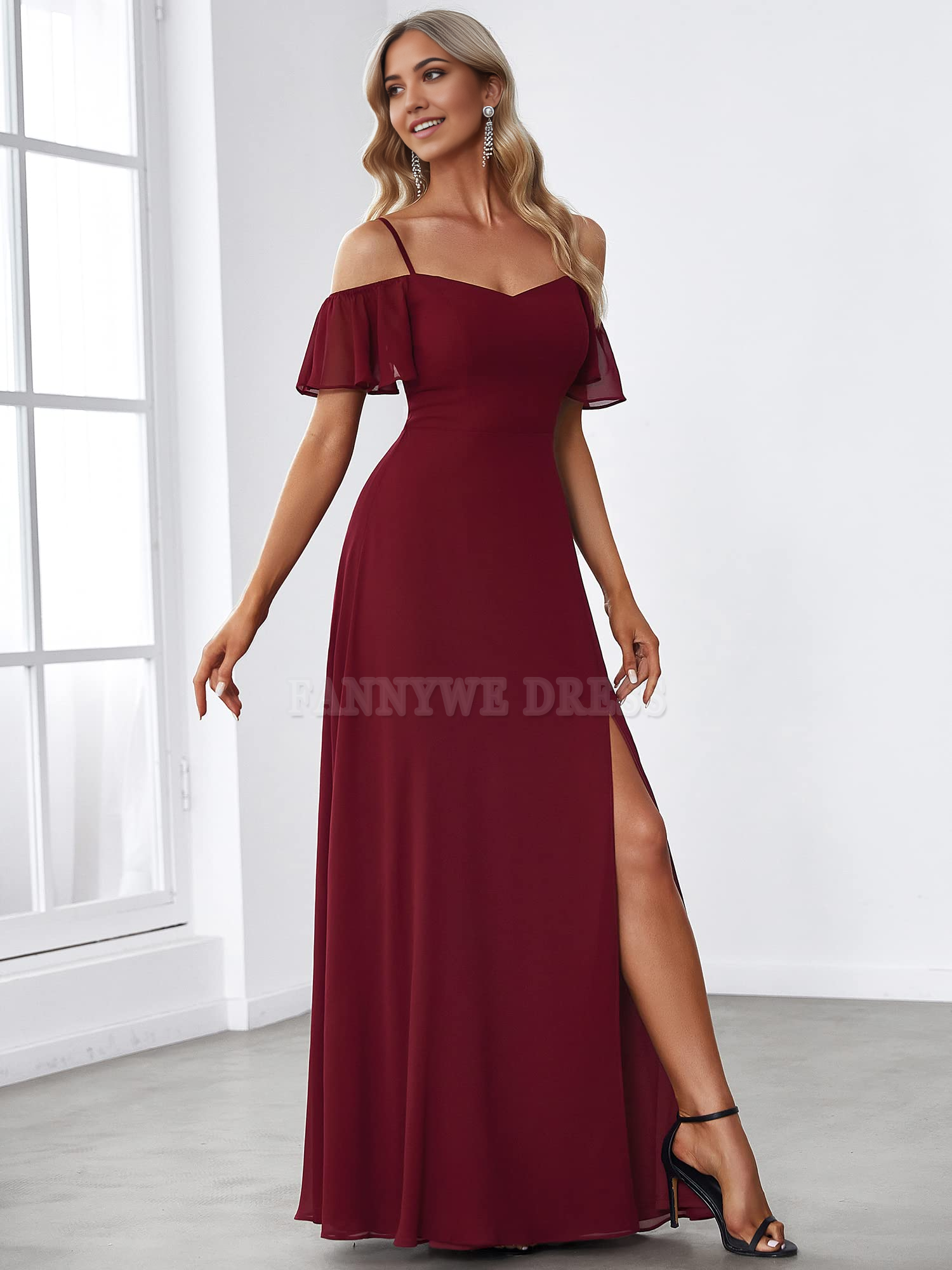 A-Line Off Shoulder Short Sleeve Split Floor Length formal dresses Bridesmaid Dresses evening gown Prom Dress