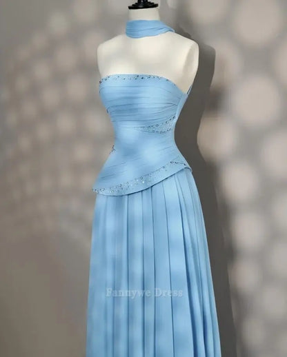 A-Line Elegant Strapless Blue Long formal dresses Bridesmaid Dresses evening gown Prom Dress