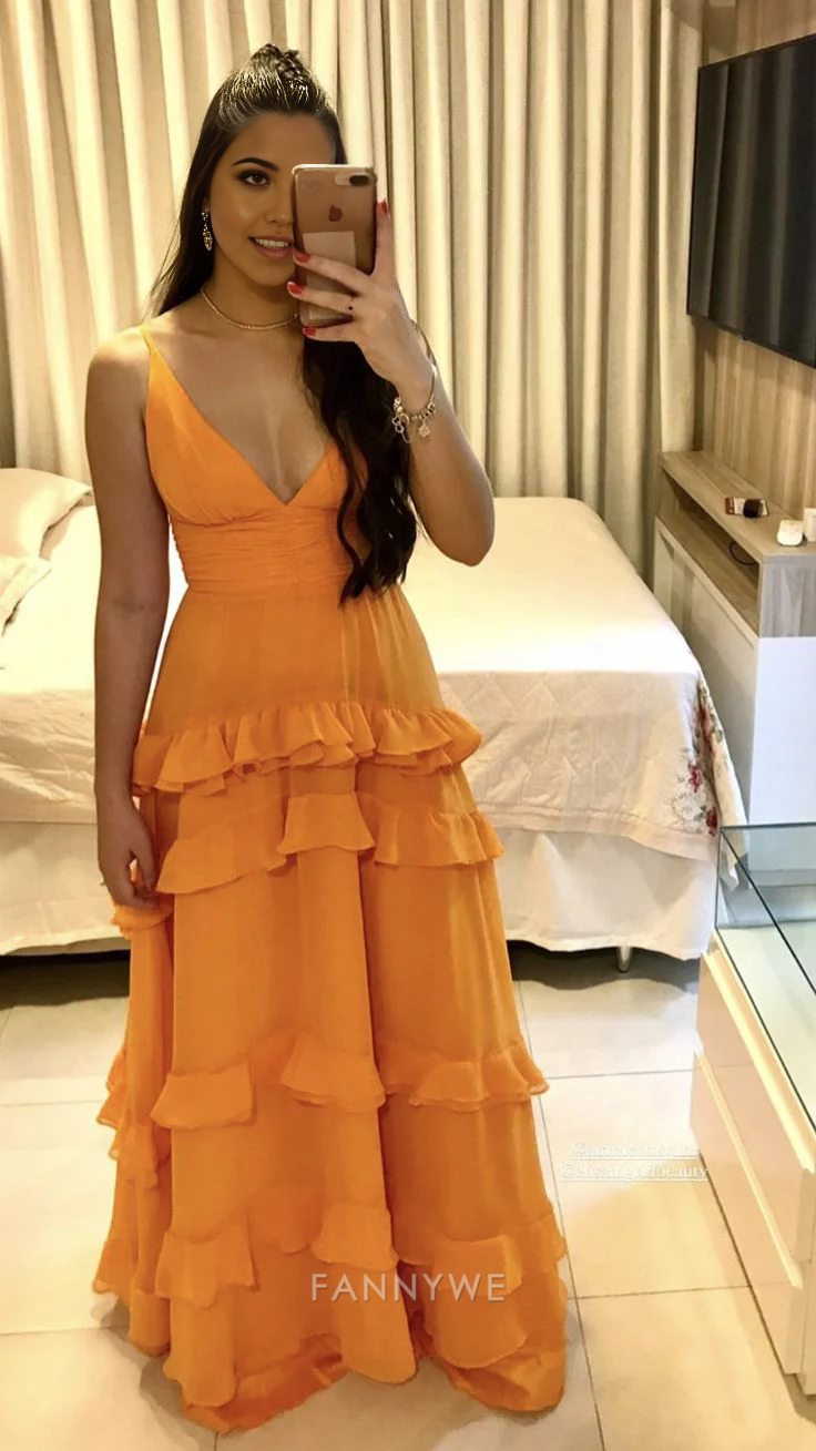 A-Line Elegant Spaghetti Straps Layered Orange Long formal dresses Bridesmaid Dresses evening gown Prom Dress
