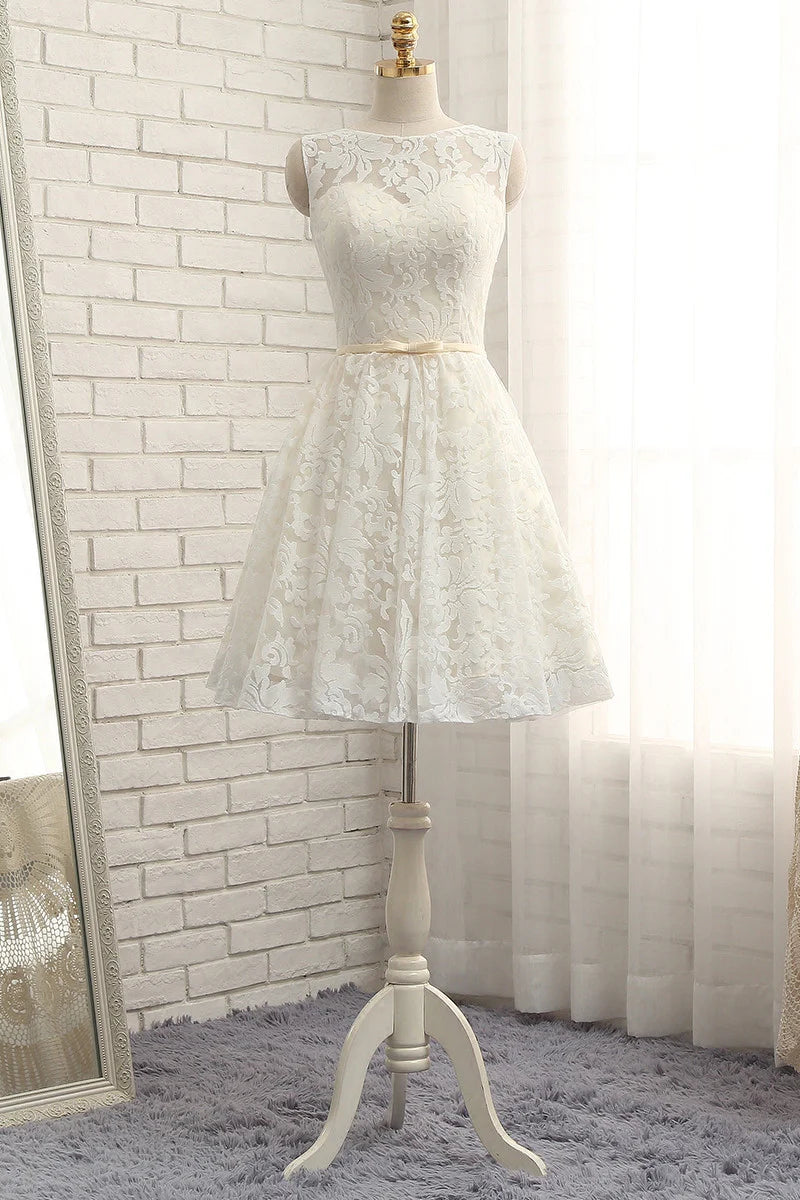 Round neck lace short prom dress