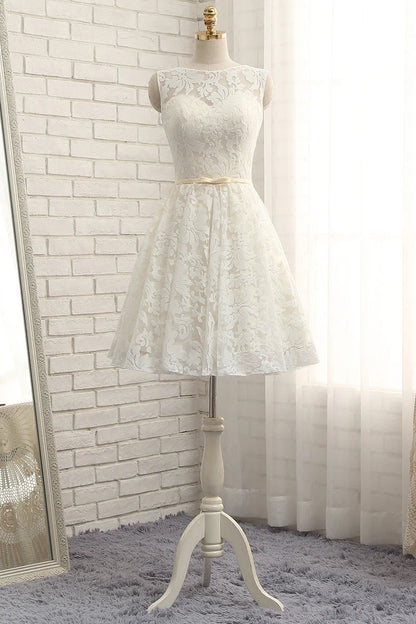 Round neck lace short prom dress