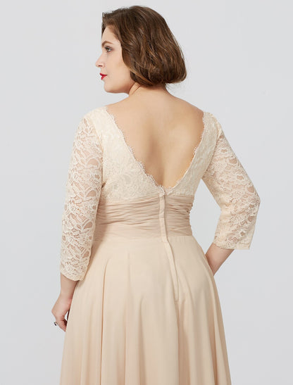 Etuikleid/Säulenkleid für die Mutter der Braut, formell, klassisch und zeitlos, elegant und luxuriös, Übergröße, quadratischer Ausschnitt, bodenlang, Chiffon, metallische Spitze, 3/4-Ärmel, nein, mit Schärpe/Blumenband