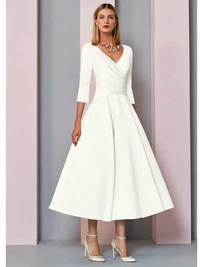 A-Line Mother of the Bride Dress Wedding Guest Vintage Plus Size Elegant V Neck Tea Length Satin 3/4 Length Sleeve with Pleats