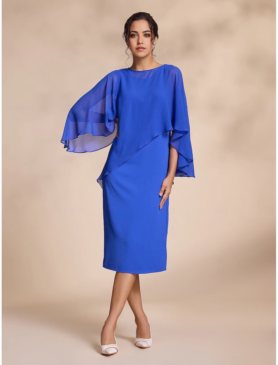Two Piece Blue Chiffon Causal Round Sleeve Midi Mother of the Bride Dress dress to impress