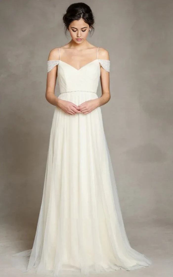 A-Line Off-the-Shoulder Spaghetti Straps Tulle Long Wedding Dress