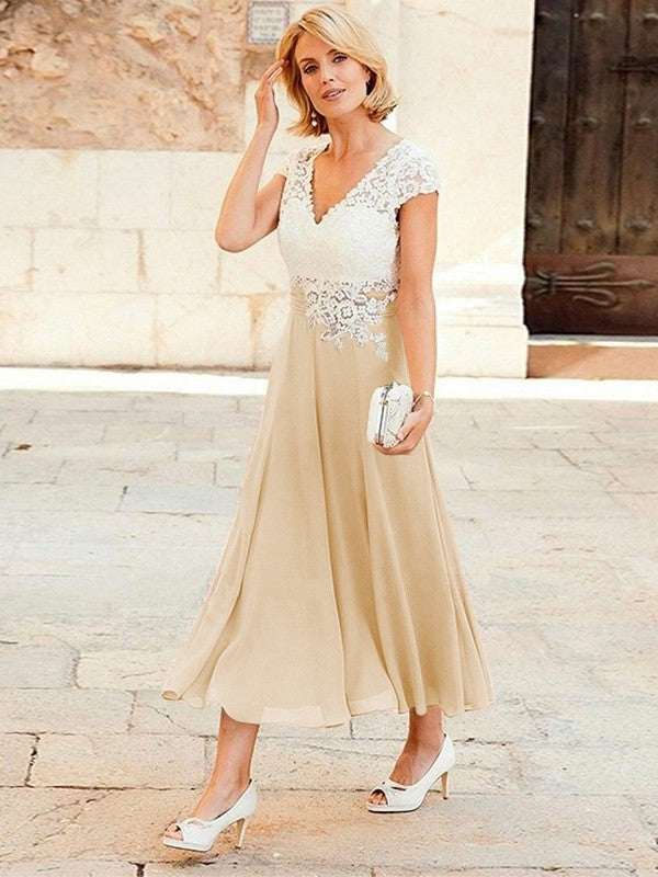 A-Line/Princess Chiffon Applique V-neck Short Sleeves Tea-Length Mother of the Bride Dresses