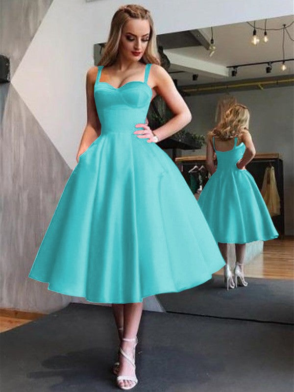 A-Line Straps Satin Sleeveless With Ruffles Tea-Length Dresses