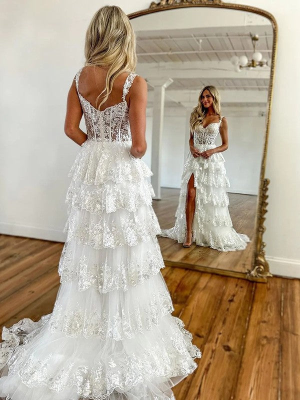 Vestidos de corte A/princesa con tul, encaje, tirantes, sin mangas, cola de corte, corsé