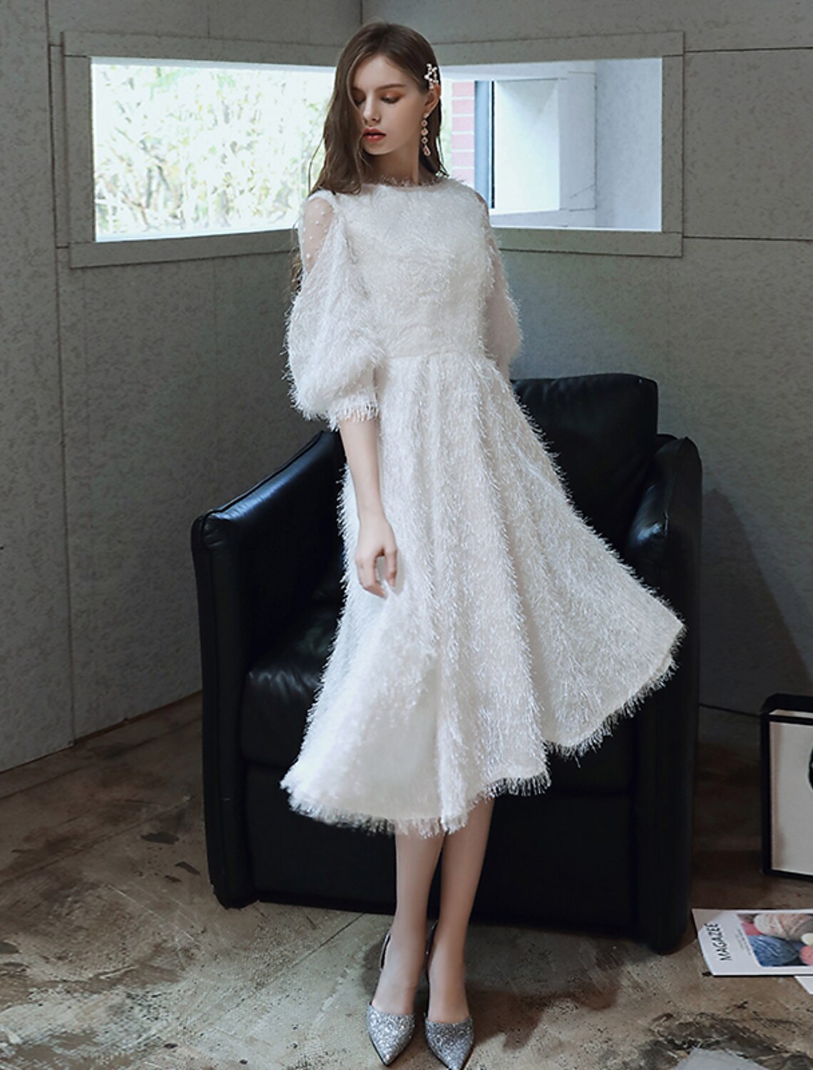 Vestido de cóctel de corte A, estilo princesa, largo hasta la rodilla, manga 3/4, cuello joya, nailon con faja/cinta, color puro.