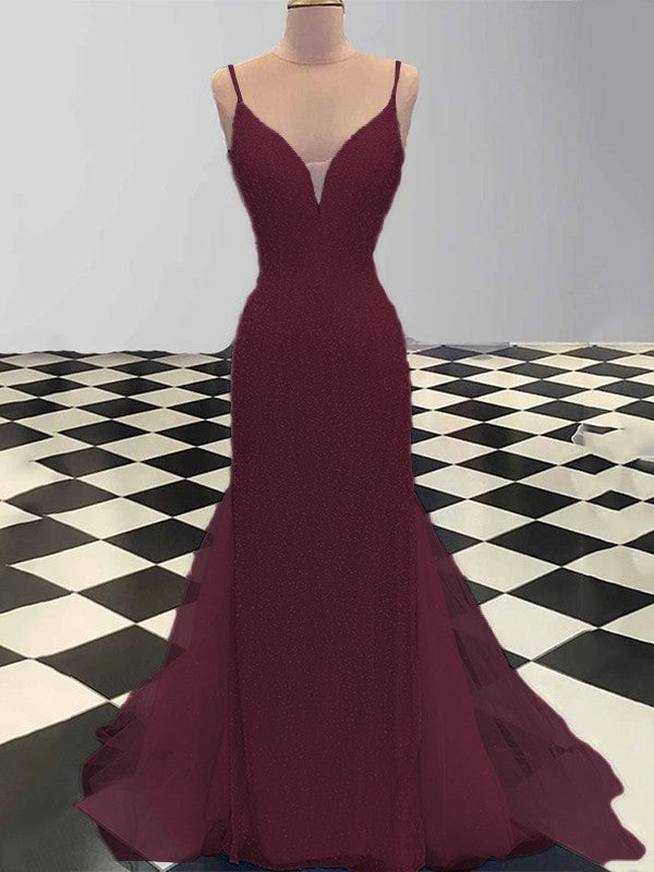 Sheath/Column Spaghetti Straps Sleeveless Tulle Sequin Sweep/Brush Train Dresses