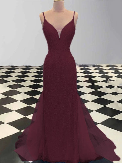Sheath/Column Spaghetti Straps Sleeveless Tulle Sequin Sweep/Brush Train Dresses