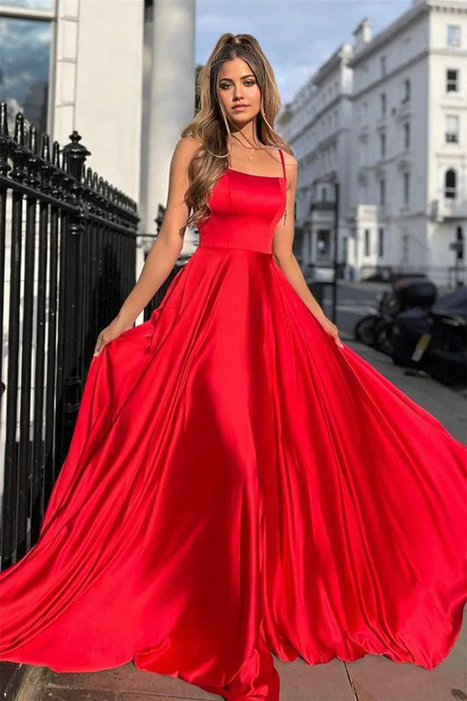 A-line Scoop Neck Satin Long Prom Dress Straps Formal Dress