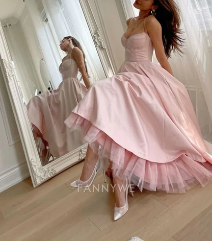 Vestido largo formal de corte A con tirantes finos en rosa claro, vestido de dama de honor, vestido de noche, vestido de fiesta 