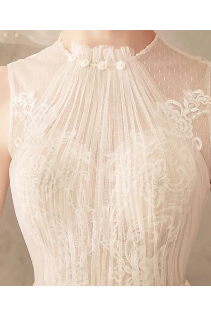 A Line Jewel Sleeveless Tulle Pleats Open Back Bridal Ivory Wedding Dress With Lace