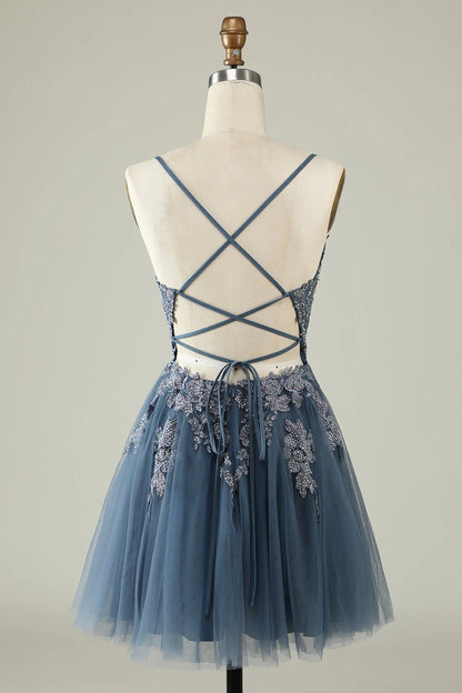 A Line Spaghetti Straps Short Homecoming Dress with Appliques