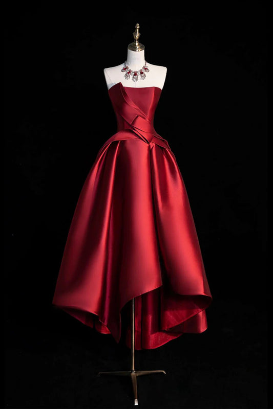 Vestidos de noche cortos de satén con corte A, sin tirantes, corte alto y bajo