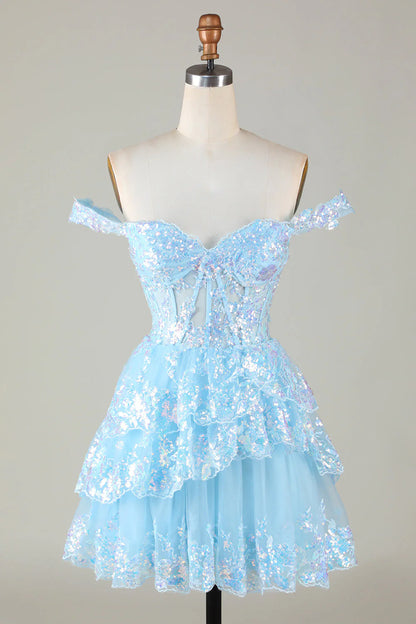 A Line Cute Sparkly Tiered Corset Lace Short Homecoming Dress