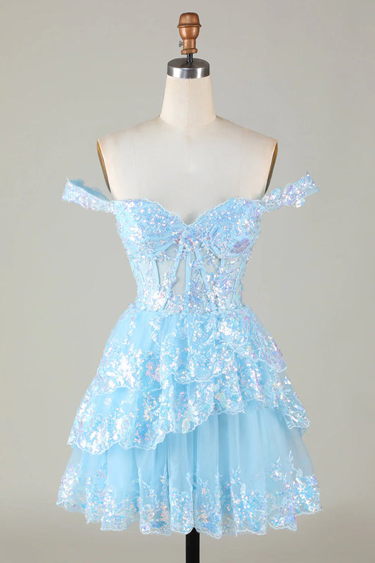 A Line Cute Sparkly Tiered Corset Lace Short Homecoming Dress