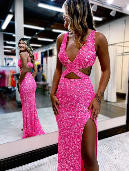 Vestido de fiesta de sirena con escote en V y lentejuelas con abertura