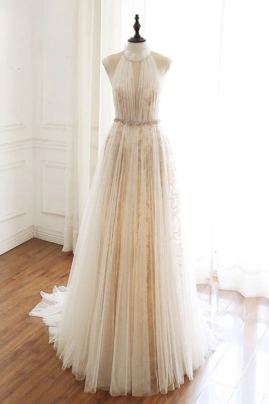 Tulle lace long prom dress
