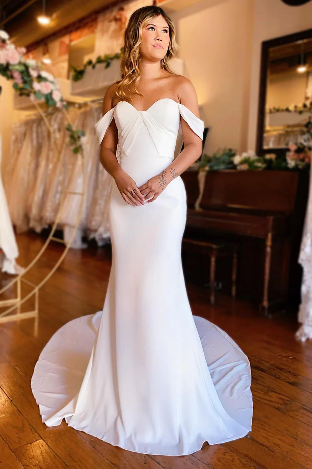 Boho Mermaid Simple Off the Shoulder Wedding Dress