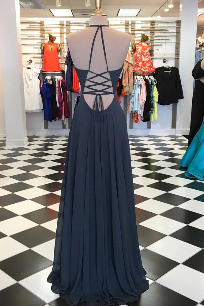 Vestido de fiesta largo de gasa con escote en V sencillo