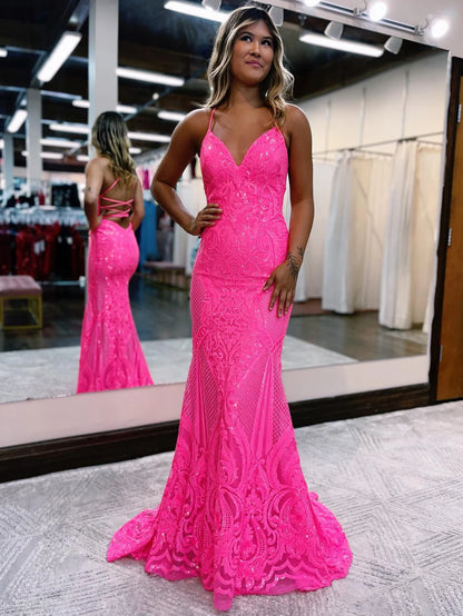 Meerjungfrau V-Ausschnitt Rosa Glitzer Rückenfreies, figurbetontes, langes Ballkleid