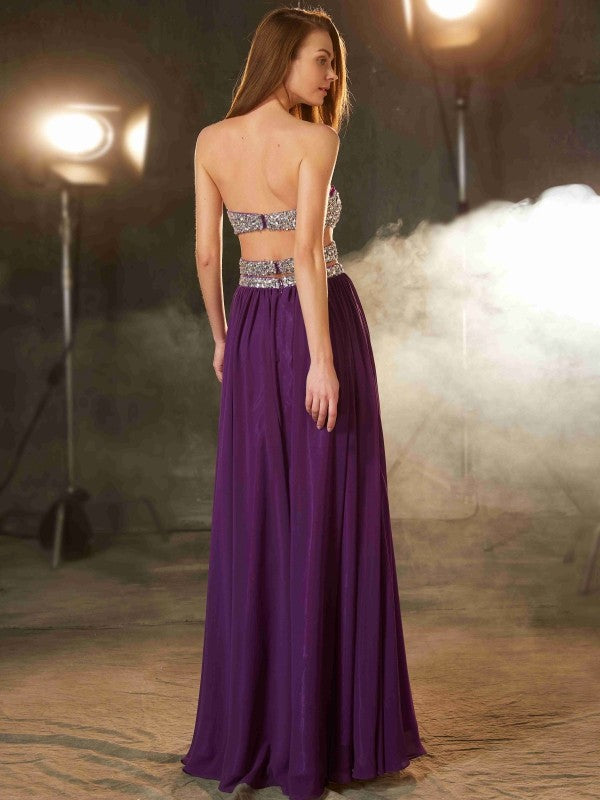 A-Line/Princess Sweetheart Crystal Sleeveless Floor-Length Chiffon Dresses