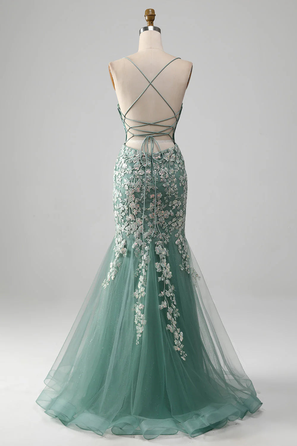 Mermaid Lace Back Appliques Prom Dress
