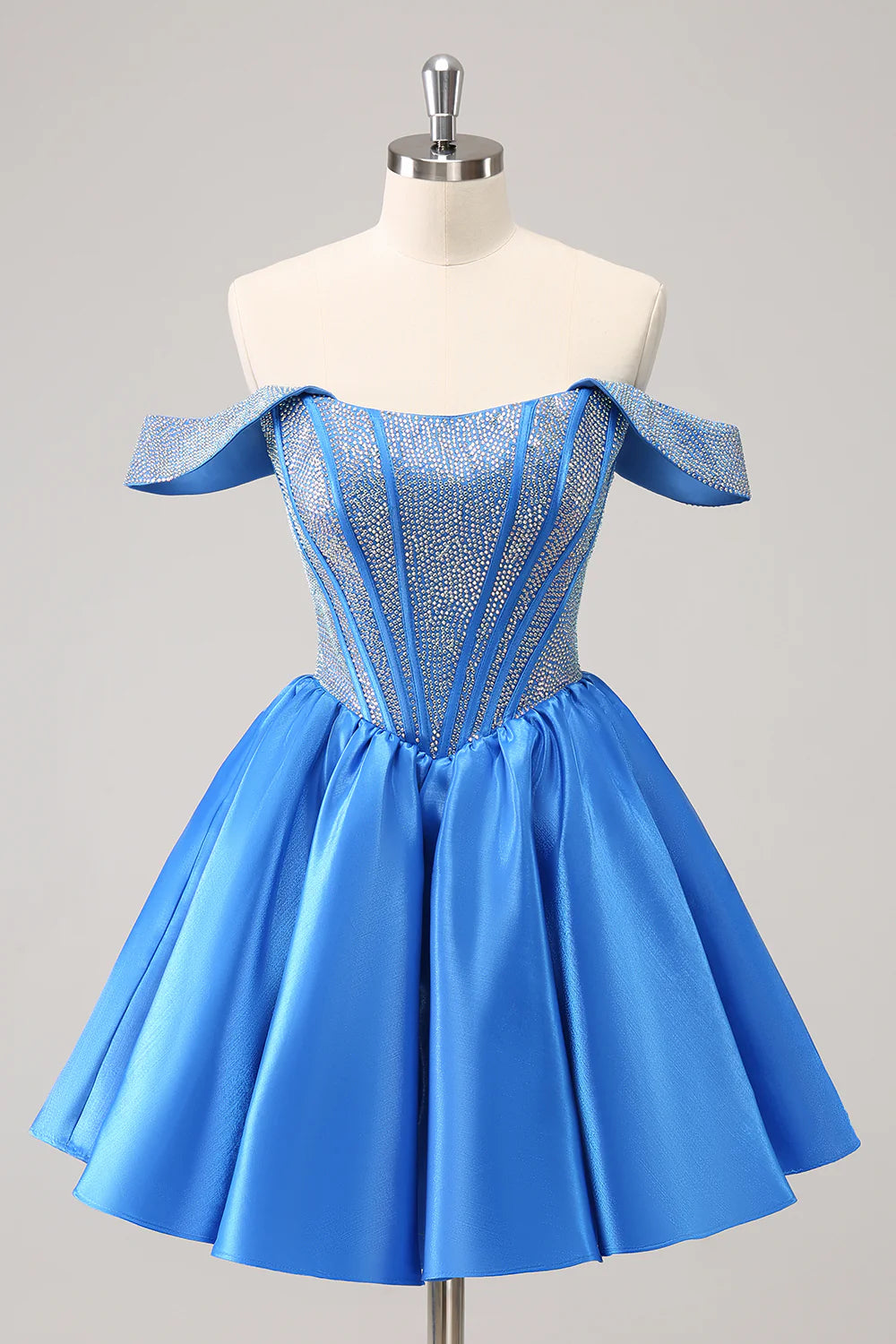 A-Line Sparkly Off the Shoulder Beaded Satin Homecoming Dress