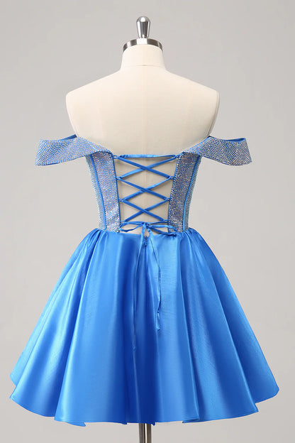A-Line Sparkly Off the Shoulder Beaded Satin Homecoming Dress