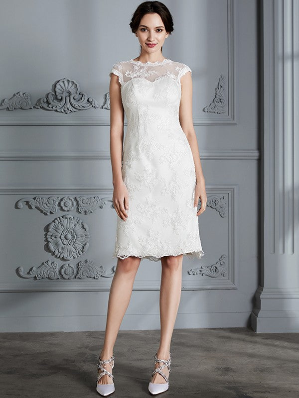 Vestidos de novia de satén con encaje, corte princesa, sin mangas, escote redondo y largo hasta la rodilla