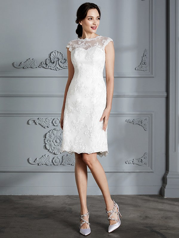 Vestidos de novia de satén con encaje, corte princesa, sin mangas, escote redondo y largo hasta la rodilla