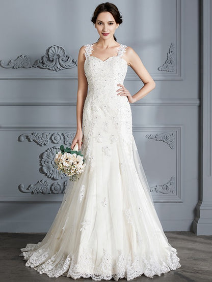 Trumpet/Mermaid Sweetheart Sleeveless Lace Court Train Wedding Dresses
