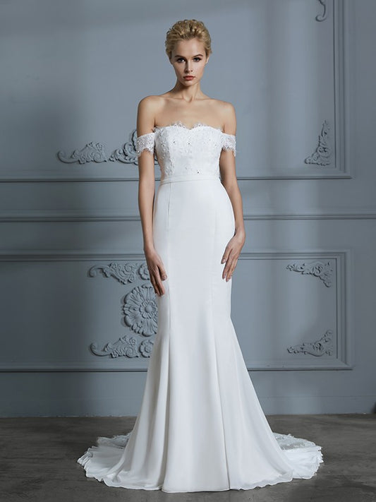 Trumpet/Mermaid Off-the-Shoulder Sleeveless Lace Chiffon Sweep/Brush Train Wedding Dresses