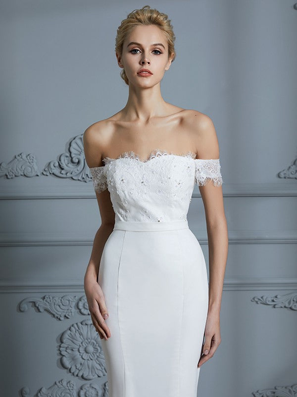 Vestidos de novia de corte trompeta/sirena, sin mangas, con hombros descubiertos, encaje, gasa y cola larga