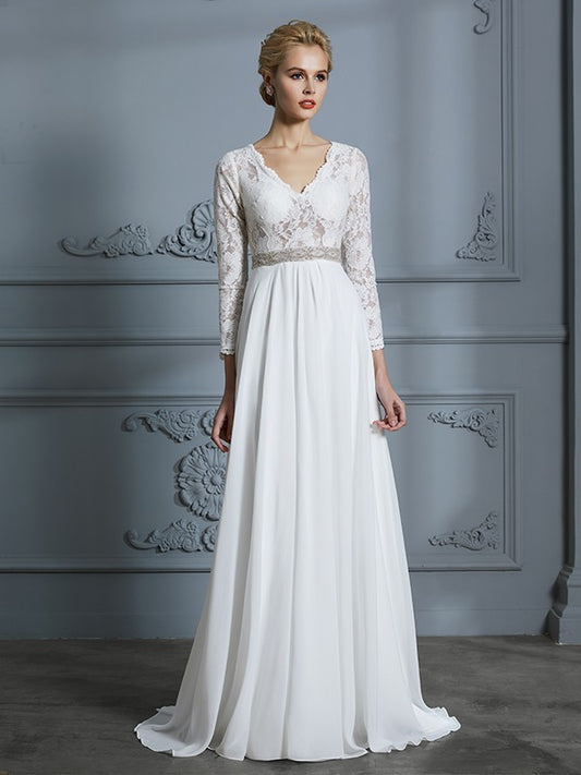 A-Linie/Princess-Linie 3/4 Ärmel V-Ausschnitt Spitze Sweep/Pinsel zug Chiffon Brautkleider