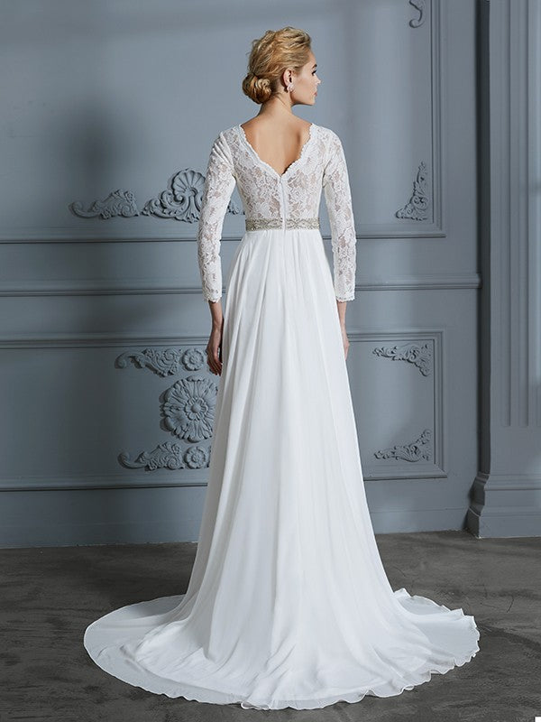 A-Linie/Princess-Linie 3/4 Ärmel V-Ausschnitt Spitze Sweep/Pinsel zug Chiffon Brautkleider