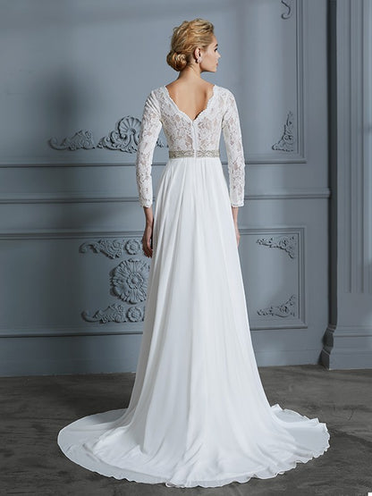 A-Linie/Princess-Linie 3/4 Ärmel V-Ausschnitt Spitze Sweep/Pinsel zug Chiffon Brautkleider
