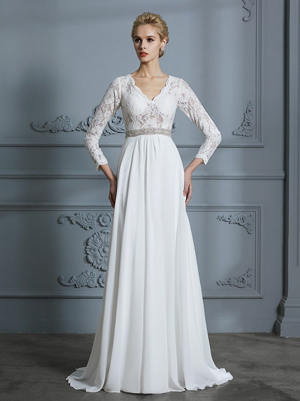A-Linie/Princess-Linie 3/4 Ärmel V-Ausschnitt Spitze Sweep/Pinsel zug Chiffon Brautkleider