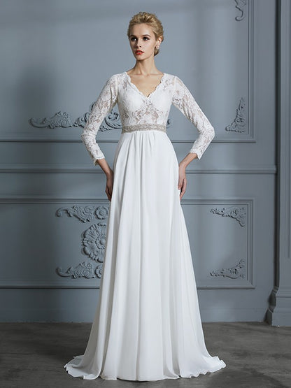 A-Linie/Princess-Linie 3/4 Ärmel V-Ausschnitt Spitze Sweep/Pinsel zug Chiffon Brautkleider