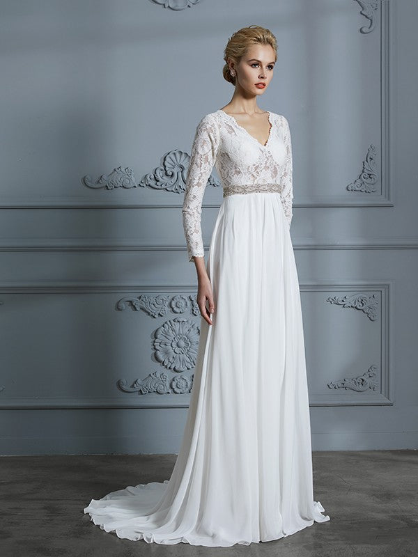 A-Linie/Princess-Linie 3/4 Ärmel V-Ausschnitt Spitze Sweep/Pinsel zug Chiffon Brautkleider