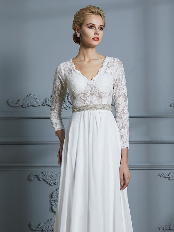 A-Linie/Princess-Linie 3/4 Ärmel V-Ausschnitt Spitze Sweep/Pinsel zug Chiffon Brautkleider