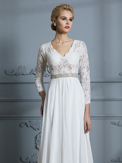 A-Linie/Princess-Linie 3/4 Ärmel V-Ausschnitt Spitze Sweep/Pinsel zug Chiffon Brautkleider