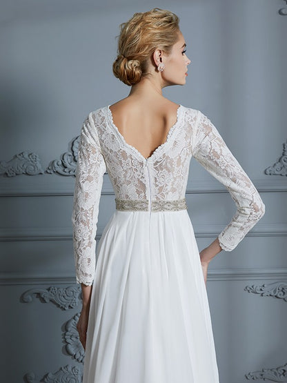 A-Linie/Princess-Linie 3/4 Ärmel V-Ausschnitt Spitze Sweep/Pinsel zug Chiffon Brautkleider