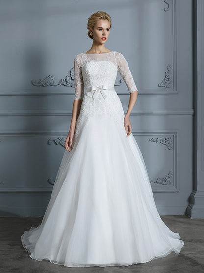 A-Linie/Princess-Linie 1/2 Ärmel U-Ausschnitt Spitze Hof-schleppe Tüll Brautkleider