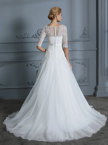 A-Linie/Princess-Linie 1/2 Ärmel U-Ausschnitt Spitze Hof-schleppe Tüll Brautkleider