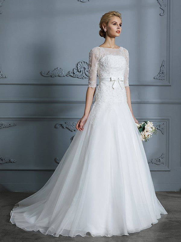 A-Linie/Princess-Linie 1/2 Ärmel U-Ausschnitt Spitze Hof-schleppe Tüll Brautkleider