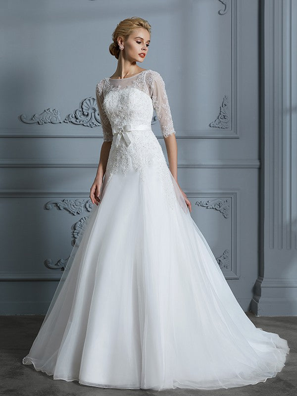 A-Linie/Princess-Linie 1/2 Ärmel U-Ausschnitt Spitze Hof-schleppe Tüll Brautkleider