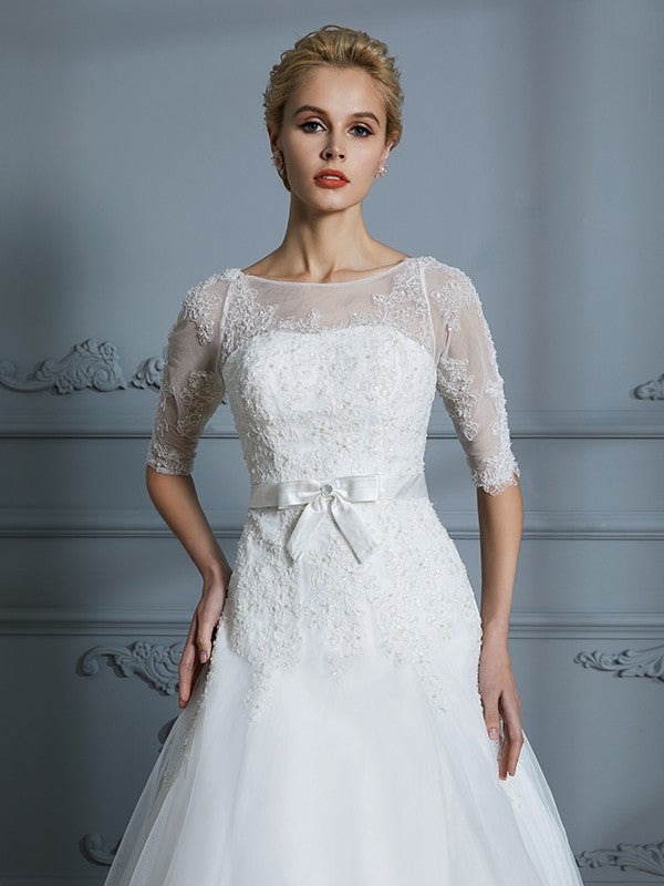 A-Linie/Princess-Linie 1/2 Ärmel U-Ausschnitt Spitze Hof-schleppe Tüll Brautkleider